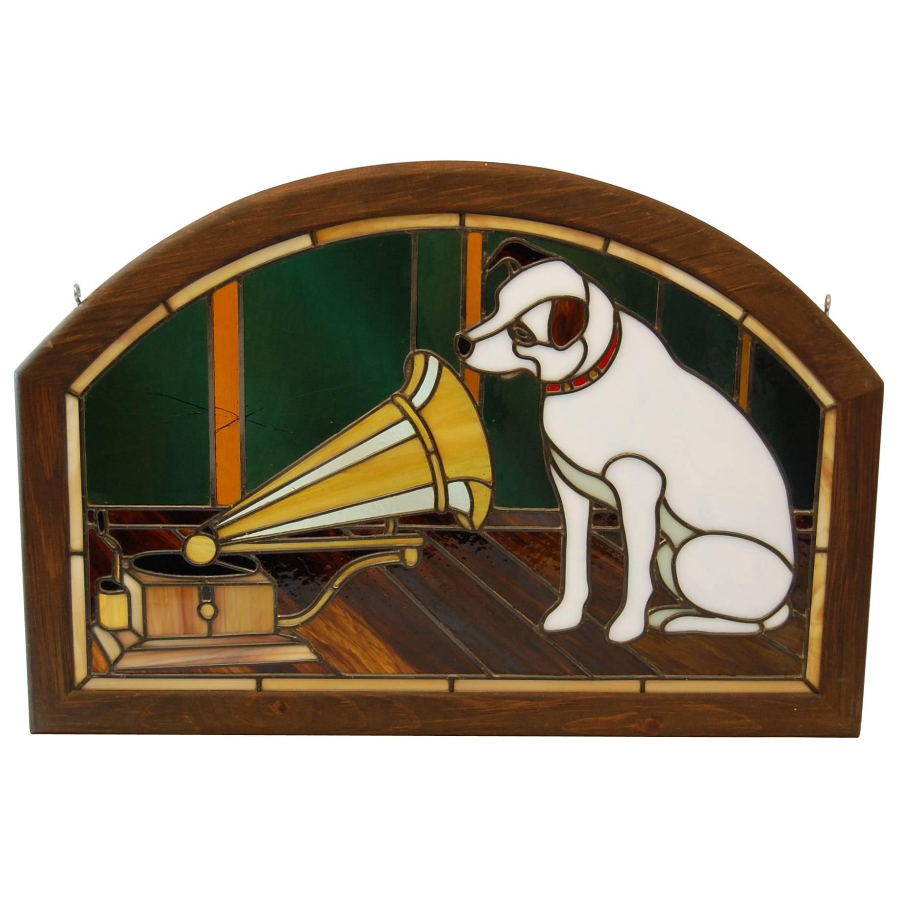 Stained Glass Panel Featuring the RCA Dog, Nipper in Wooden Frame For Sale