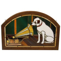 Stained Glass Panel Featuring the RCA Dog, Nipper in Wooden Frame