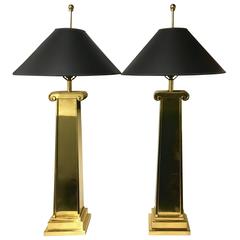 Pair of Monumental Brass Ionic Column Lamps