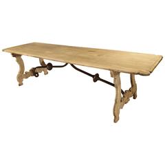 Stripped Walnut Wood Dining Table with Iron Stretchers, Tuscany, Italy