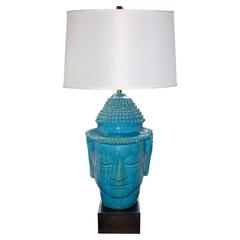 Large Turquoise Glazed Terra Cotta Buddha Lamp