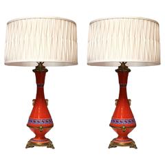 Pair of French Napoleon III Porcelain Lamps with Bronze Mounts