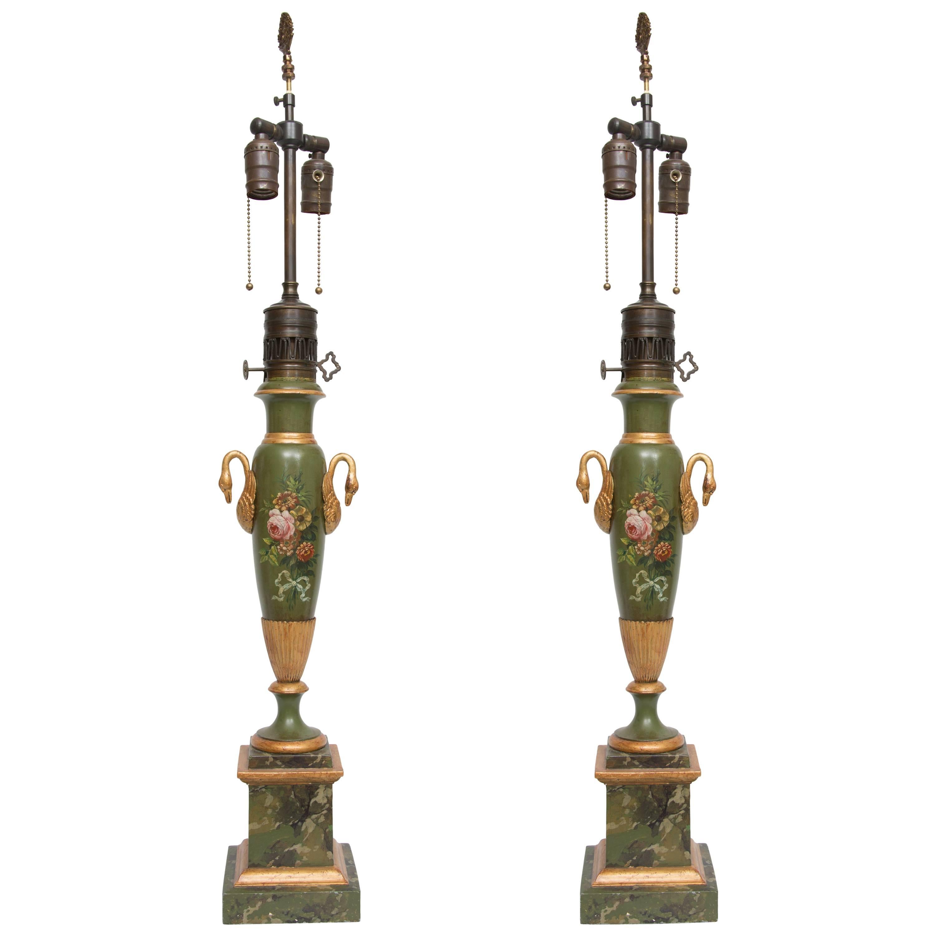 Pair of Victorian Painted Tole Lamps For Sale