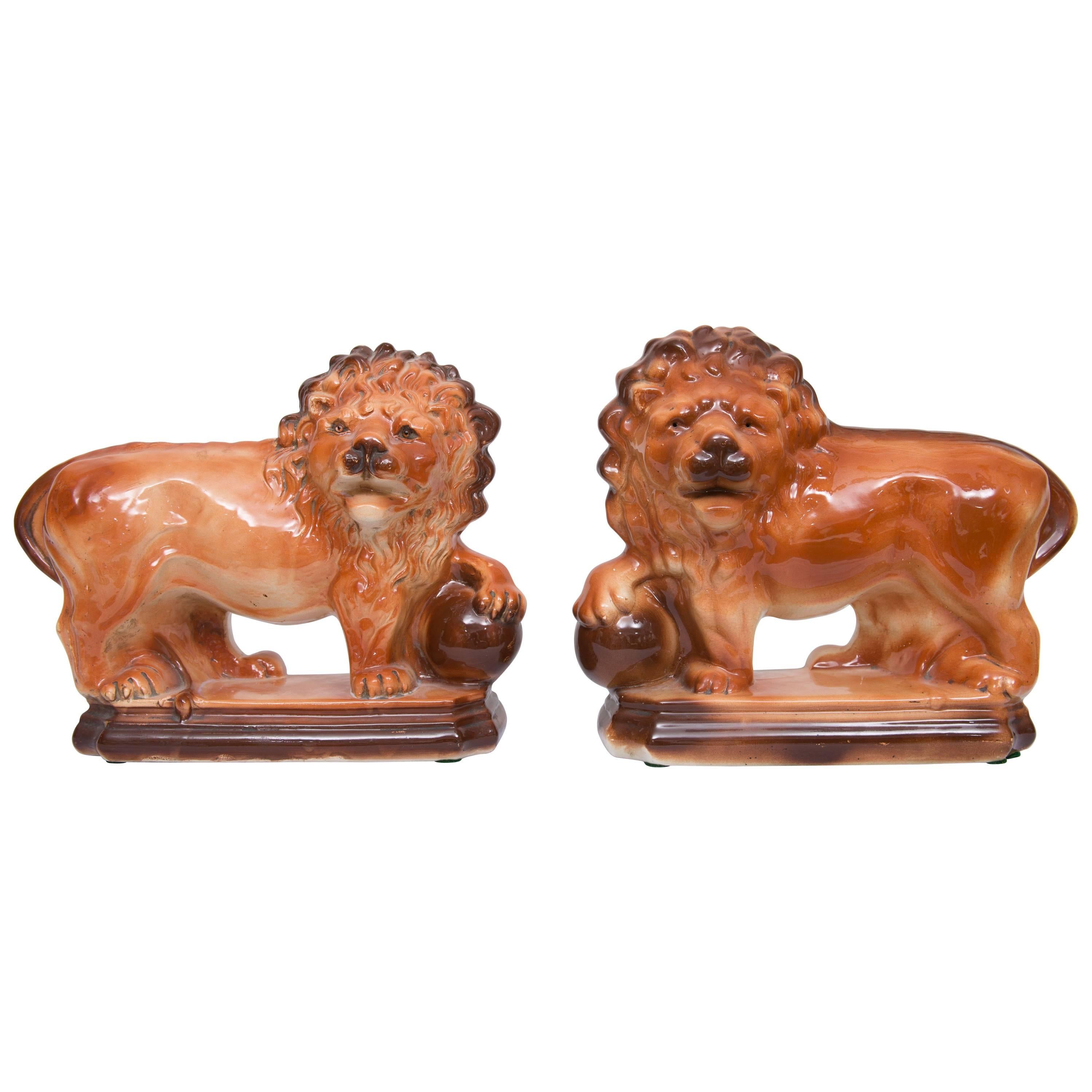 Pair of Ceramic and Glazed Lions by Lancaster & Sons (Hanley) Ltd (L&S)