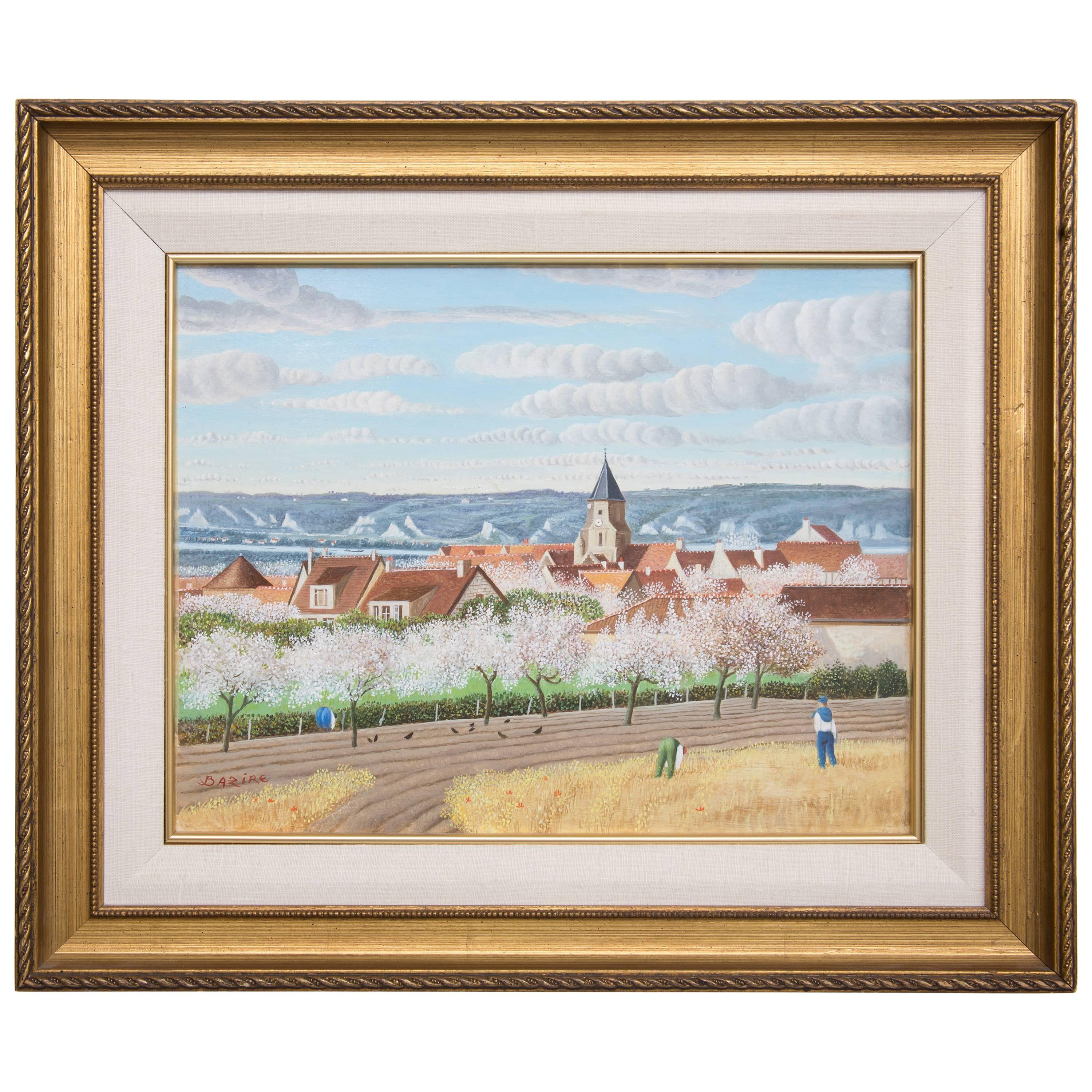 Pierre Bazire "Les Andelys au Printemps" Framed Oil Painting on Board For Sale