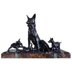 Rare and Large Art Deco Sculpture Shepherd Dog with Playful Puppies by Plagnet