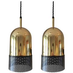 Pair of Brass and Perforated Black Metal Italian Ceiling Lights
