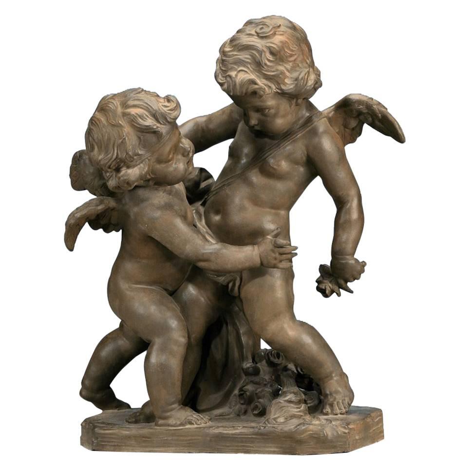 Patinated Terracotta Statue Cupid Fighting for Love After E M Falconet For Sale