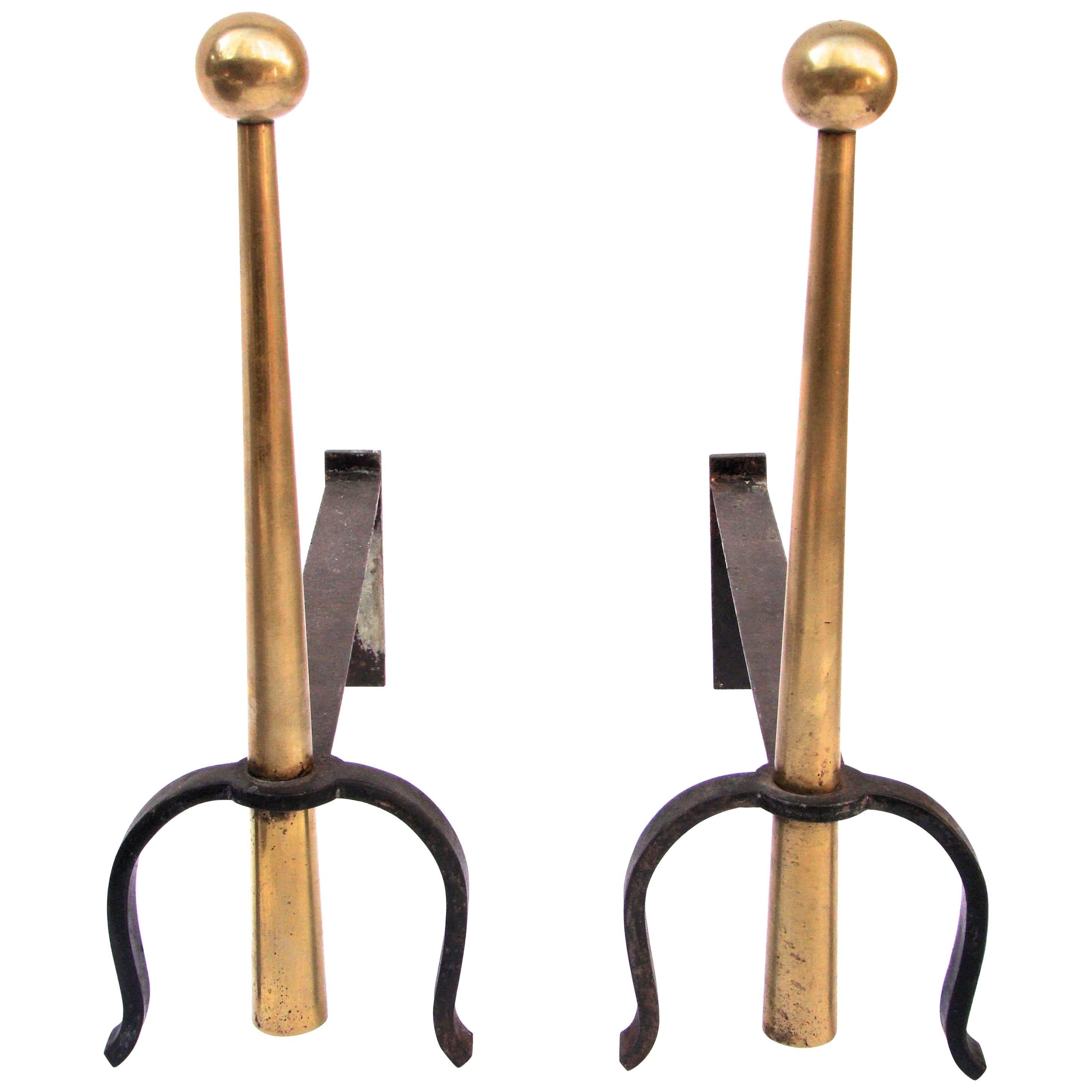 1950s-1960s Brass and Wrought Iron Pair of Andirons in the Style of Jean Royere