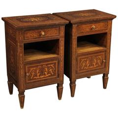 Vintage 20th Century Pair of Italian Inlaid Bedside Tables in Louis XVI Style