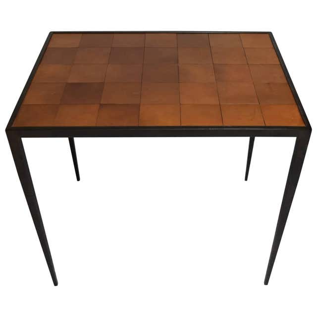 Pair x-form tables in parchment over oak by Jean-Michel Frank at 1stDibs