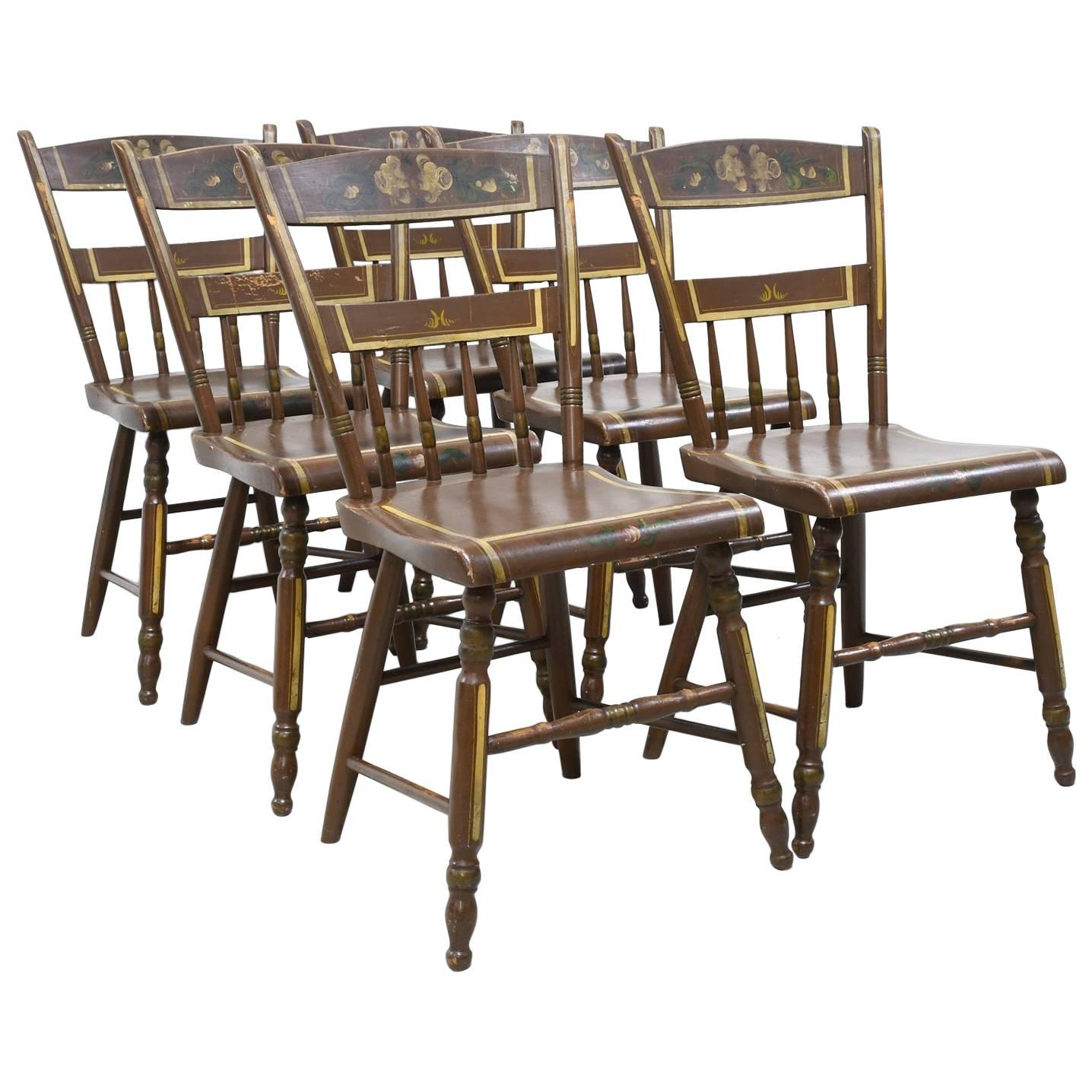 Set of Six Pennsylvania 1/2 Spindle Back Plank Seat Kitchen Chairs, circa 1870