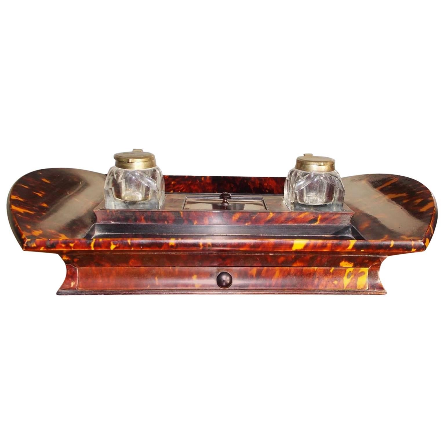 English Tortoise Shell Desk Set with Ink Wells, Circa 1820 For Sale