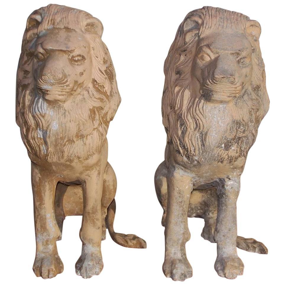 Pair of English Cast Iron Poly Chromed Sitting Lions, Circa 1840