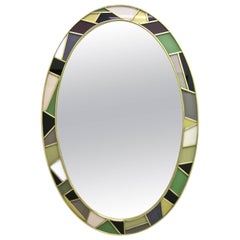 Vintage 1970s Italian Modern Oval Mirror in Green Grey Blue Yellow Black White and Brass