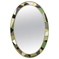 1970s Italian Modern Oval Mirror in Green Grey Blue Yellow Black White and Brass 10