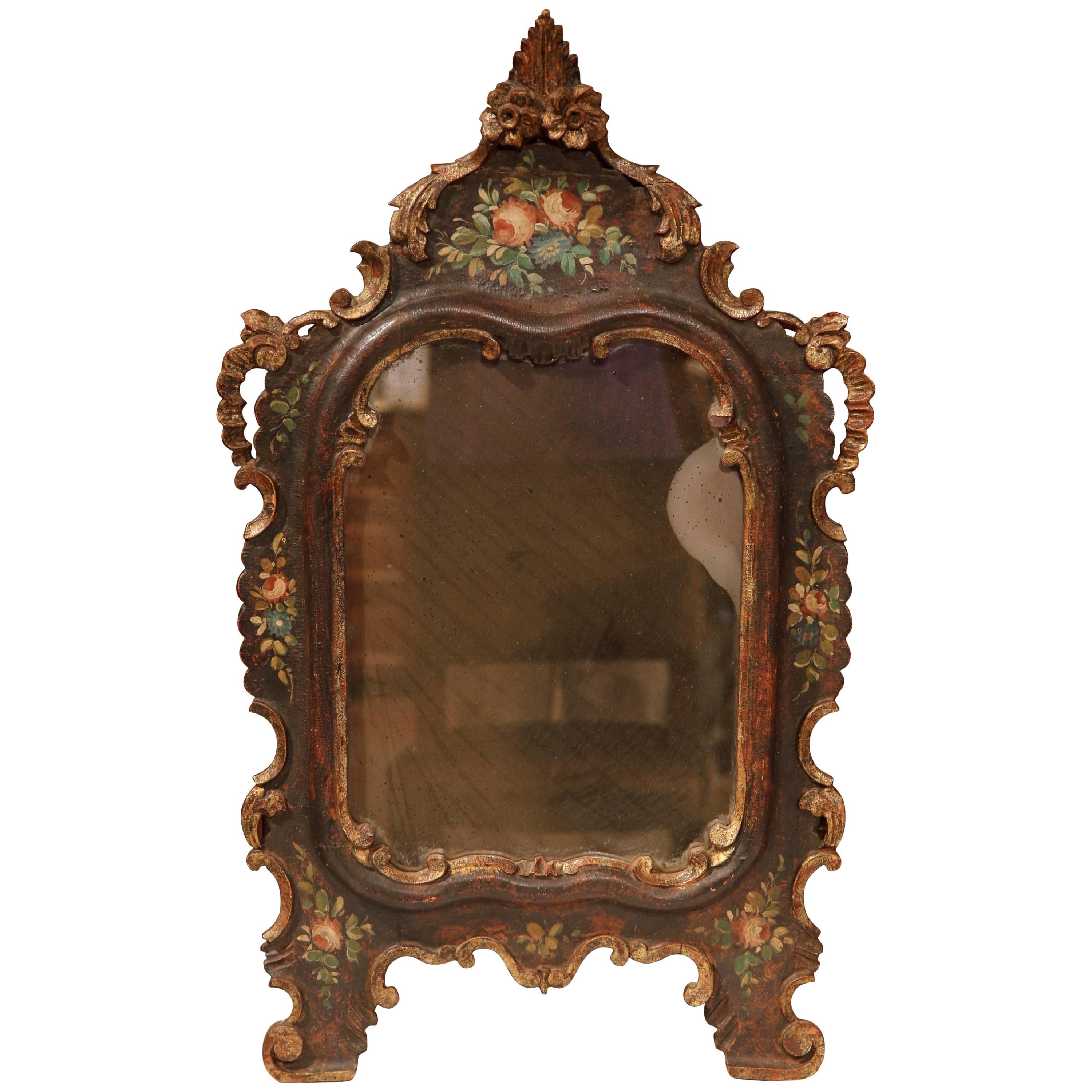 19th Century French Napoleon III Carved Wall Mirror with Hand-Painted Flowers