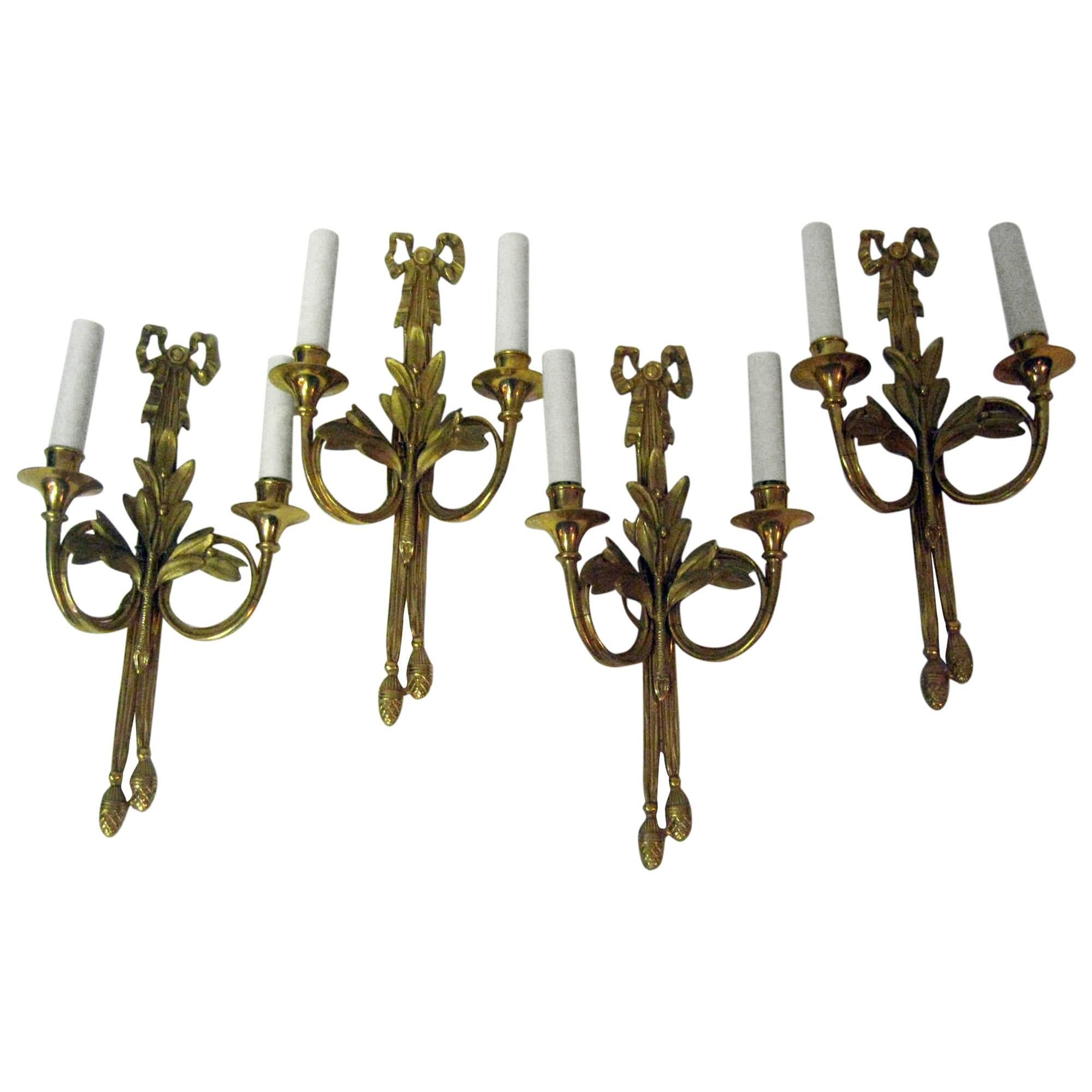 Mid-Century Gilded Bronze French Wall Sconces, Set of Four