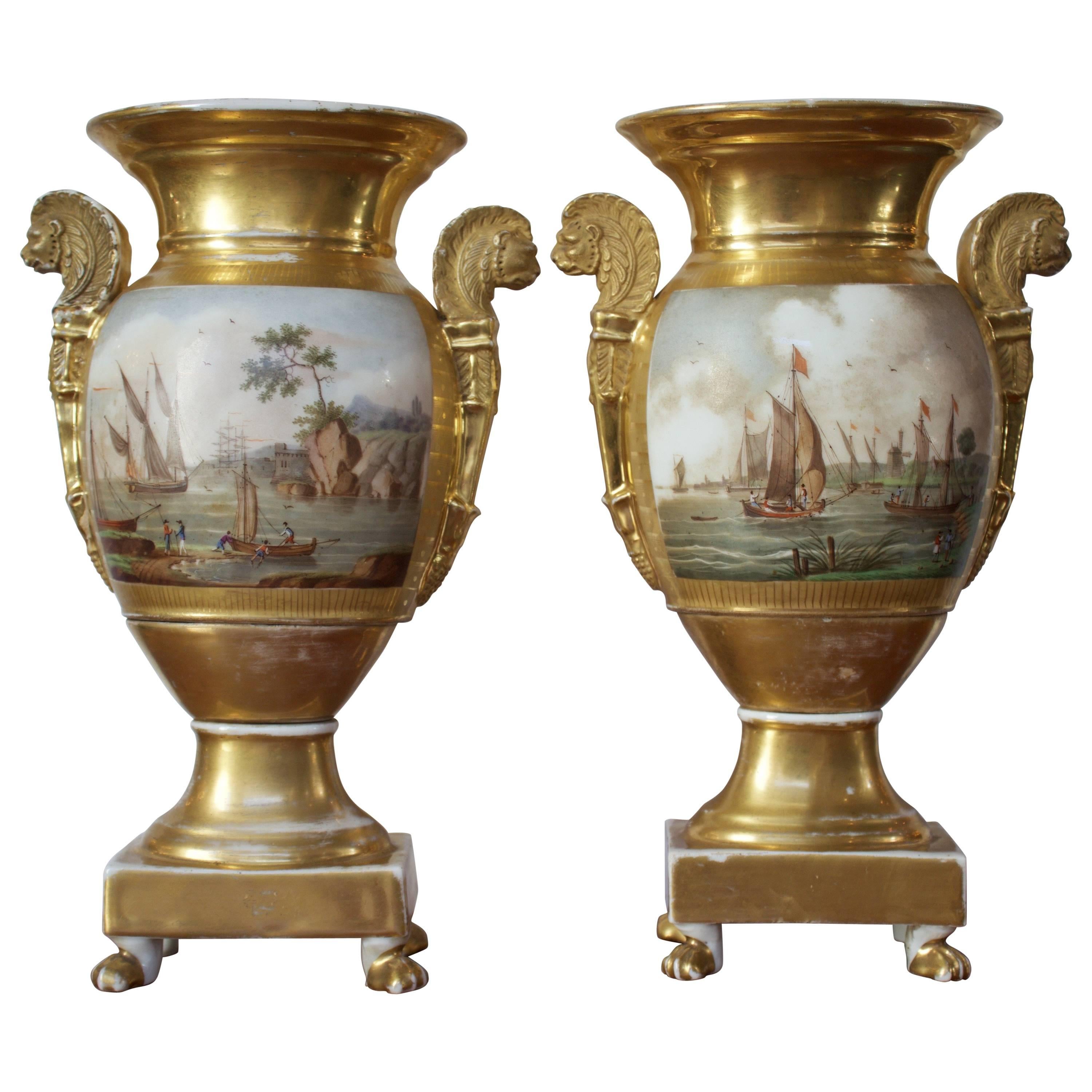 Pair of Empire Period Porcelain Vases with Maritime Scene