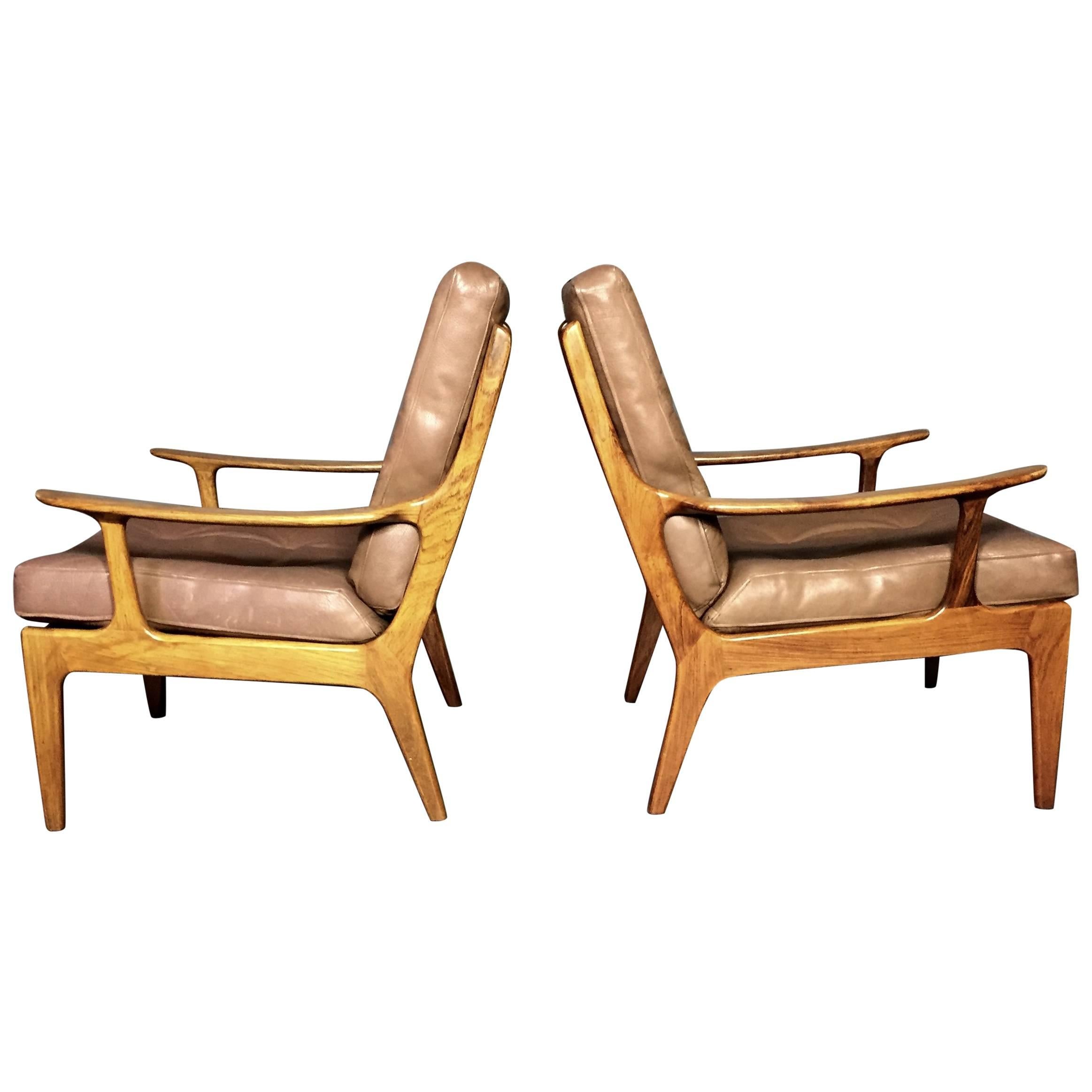 Solid Rosewood and Leather Lounge Chairs, Denmark, circa 1970
