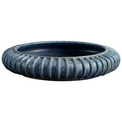 Large Ribbed Stoneware Bowl with Blue Glaze by Arne Bang, circa 1930s