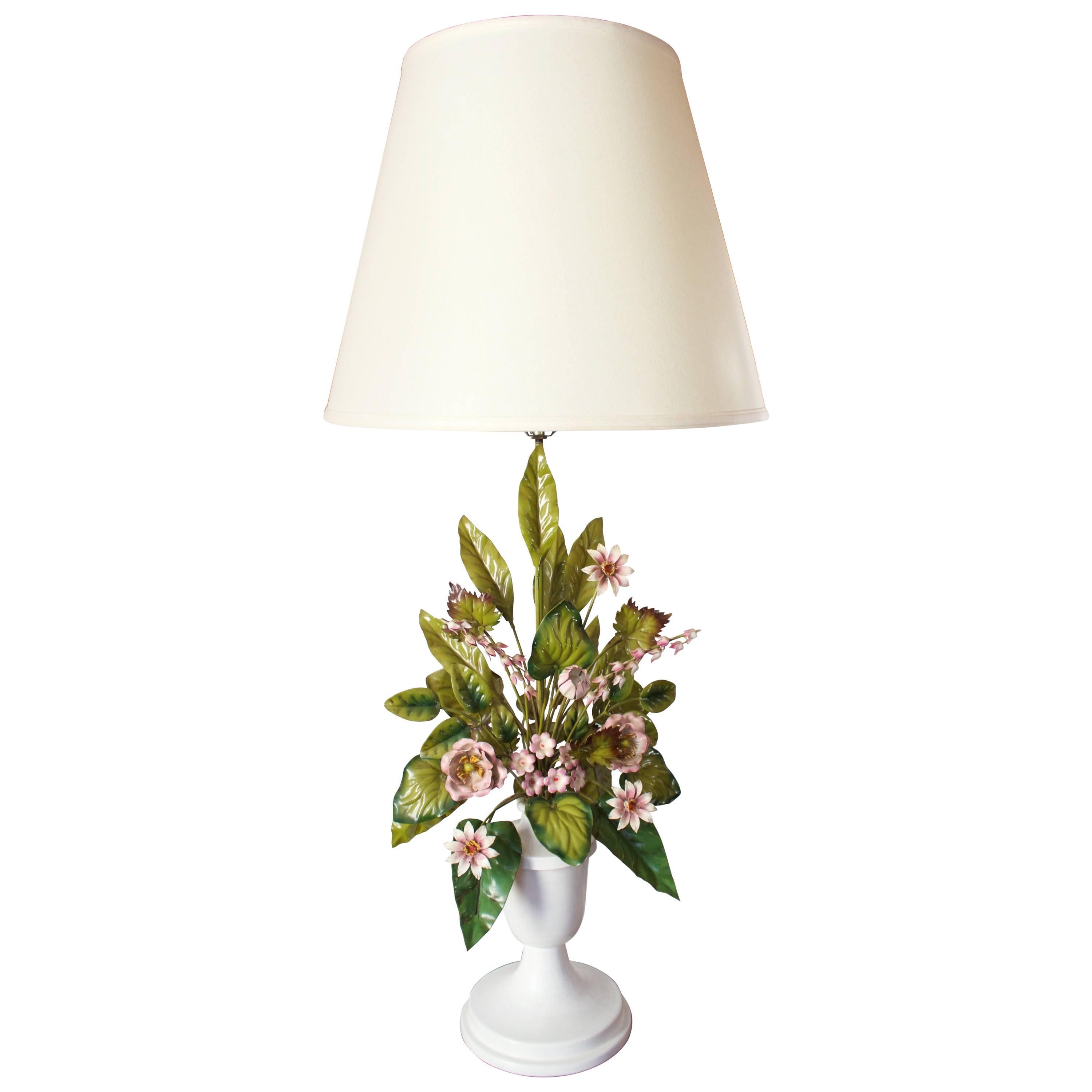 Vintage Italian Tole Floral Lamp For Sale