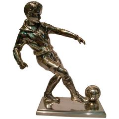 Antique Silver Plated Bronze Soccer Football Player Sculpture