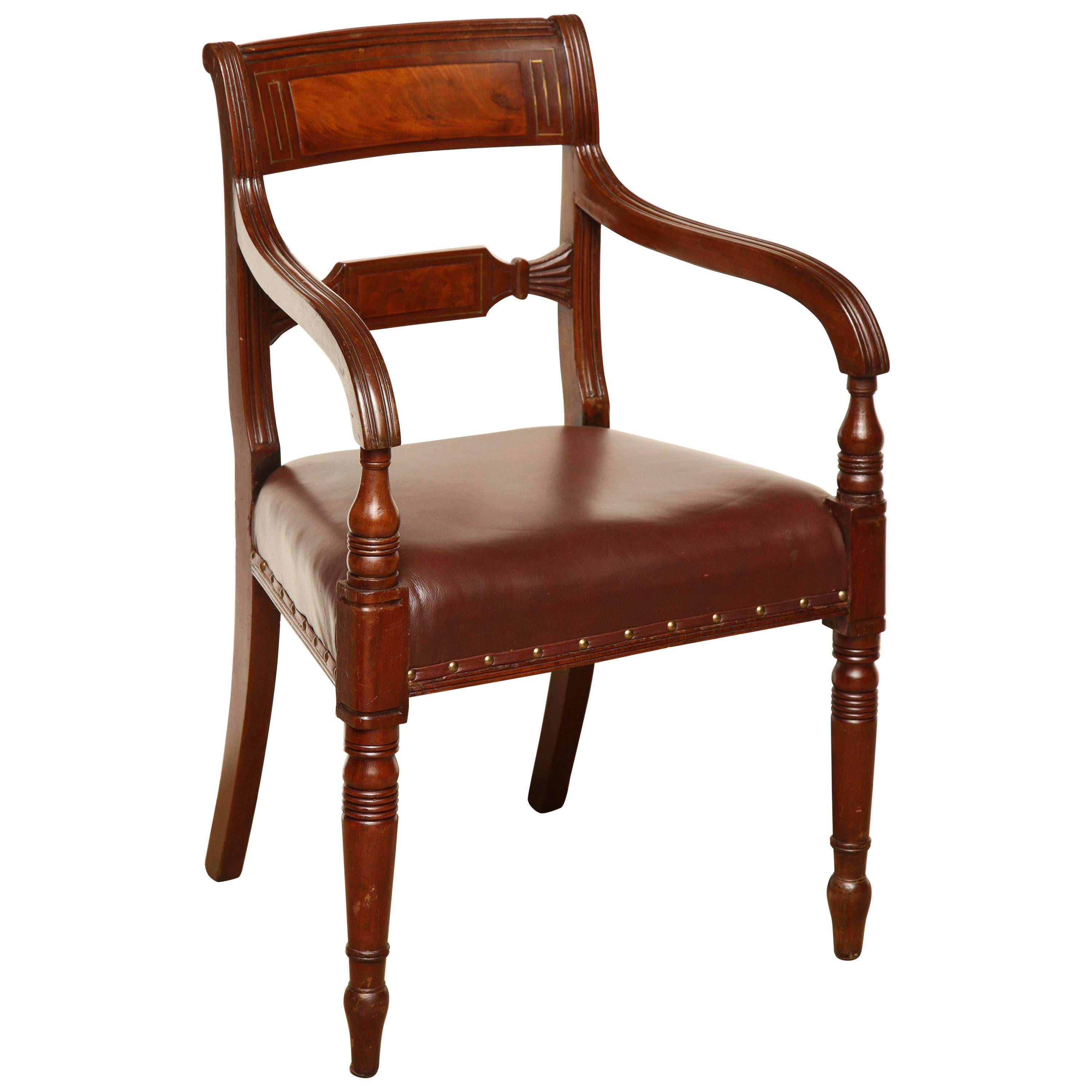 Early 19th Century English Regency, Mahogany and Brass Inlay Desk Chair For Sale