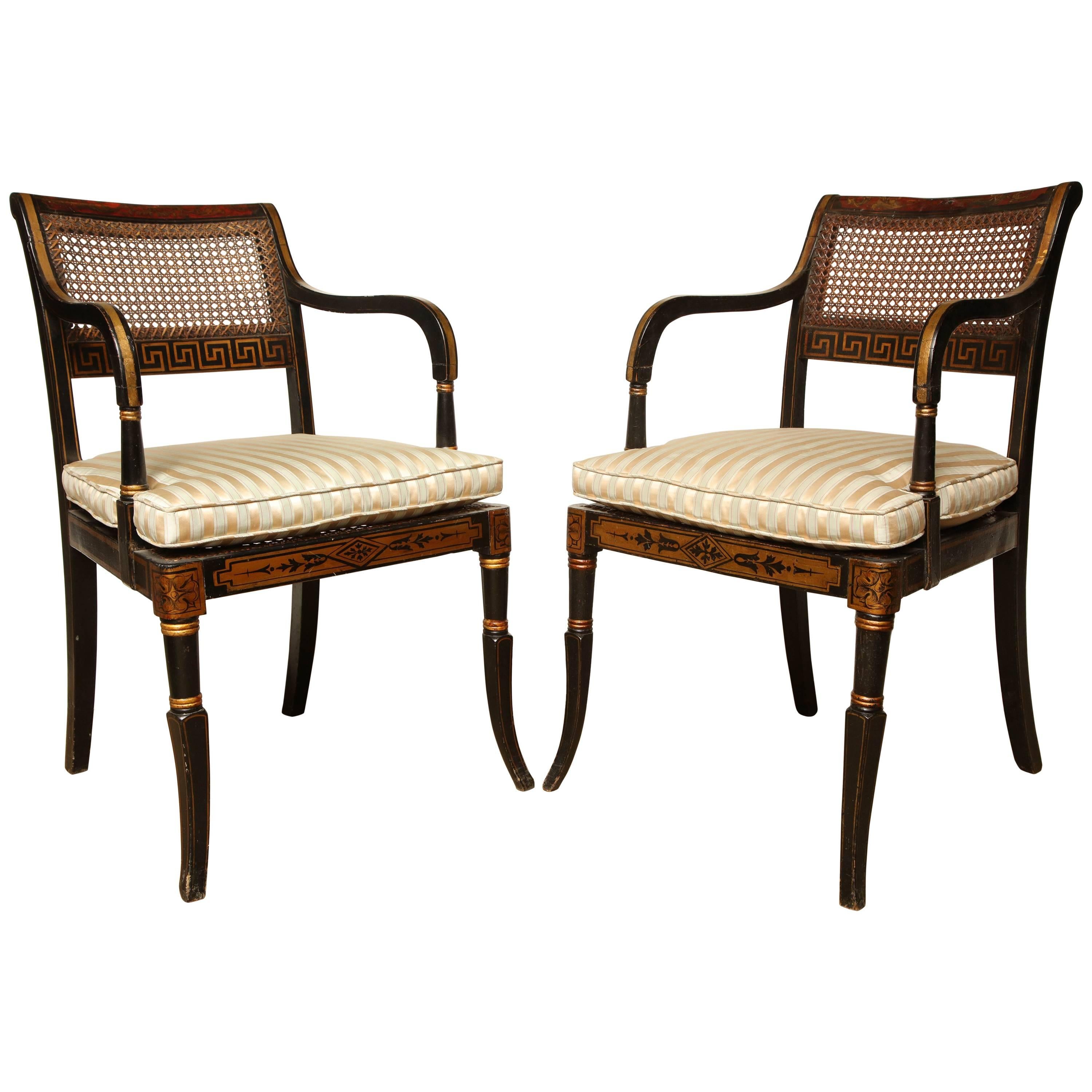 Pair of English Regency Neoclassical Caned Armchairs
