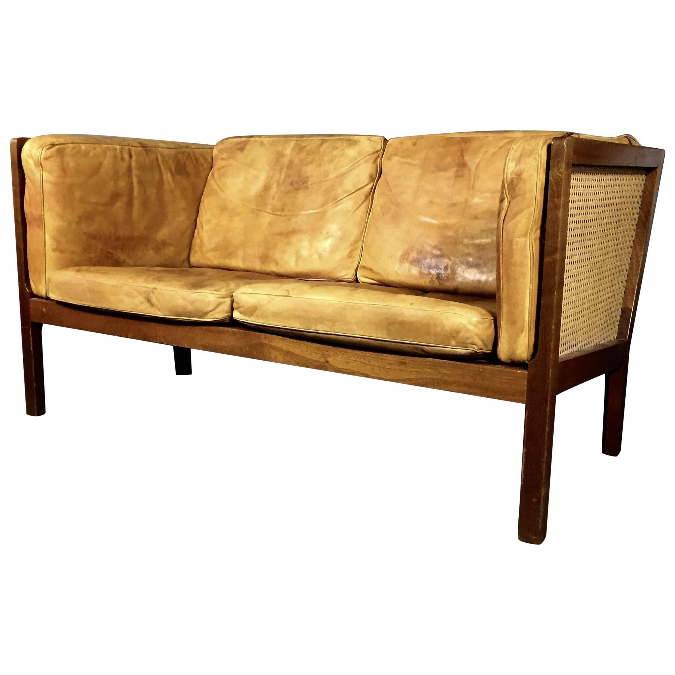 Bernt Petersen Two-Seat Leather and Cane Sofa by Wørts, Denmark, 1964