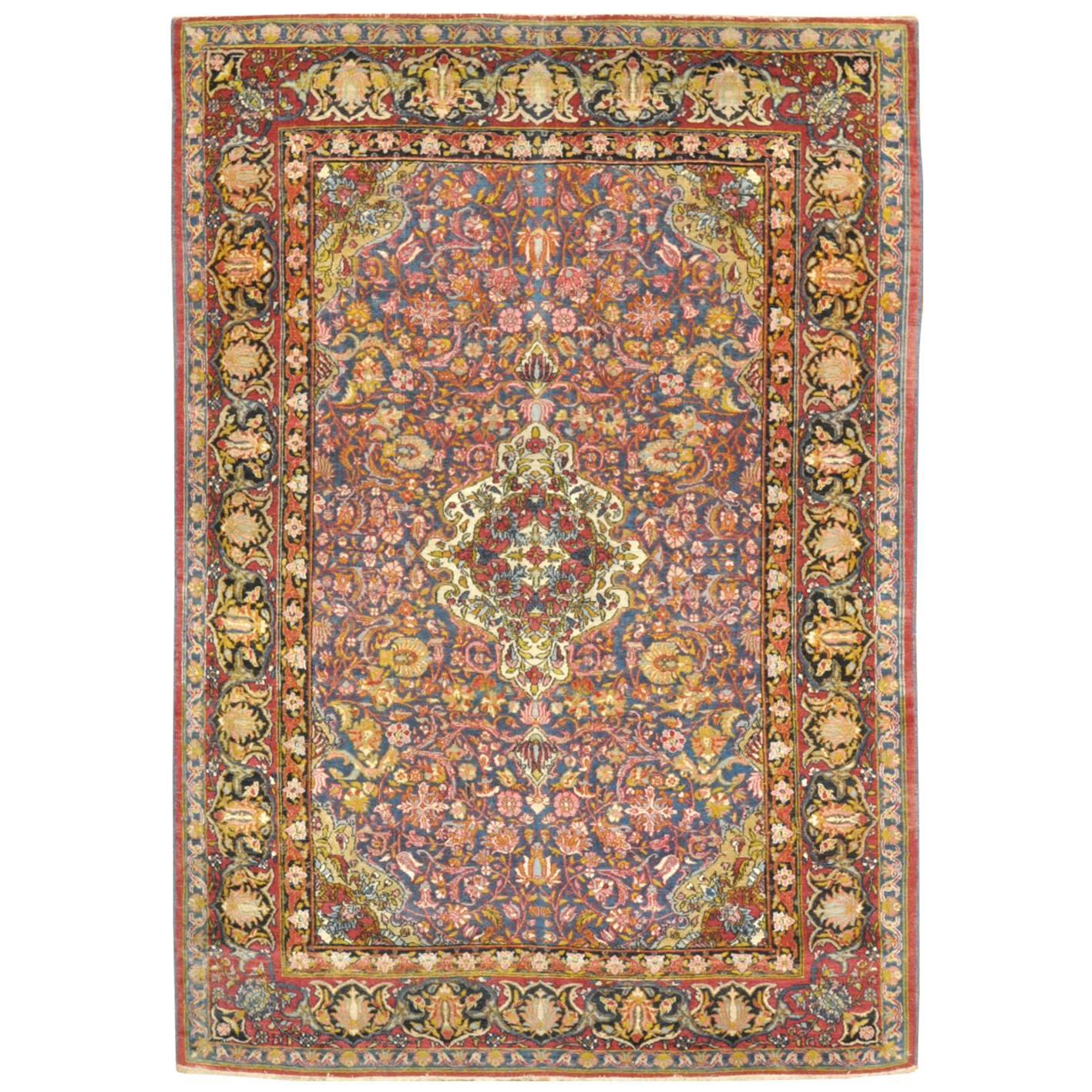 Antique Hand Knotted Wool Blue Color Persian Isfahan Rug For Sale