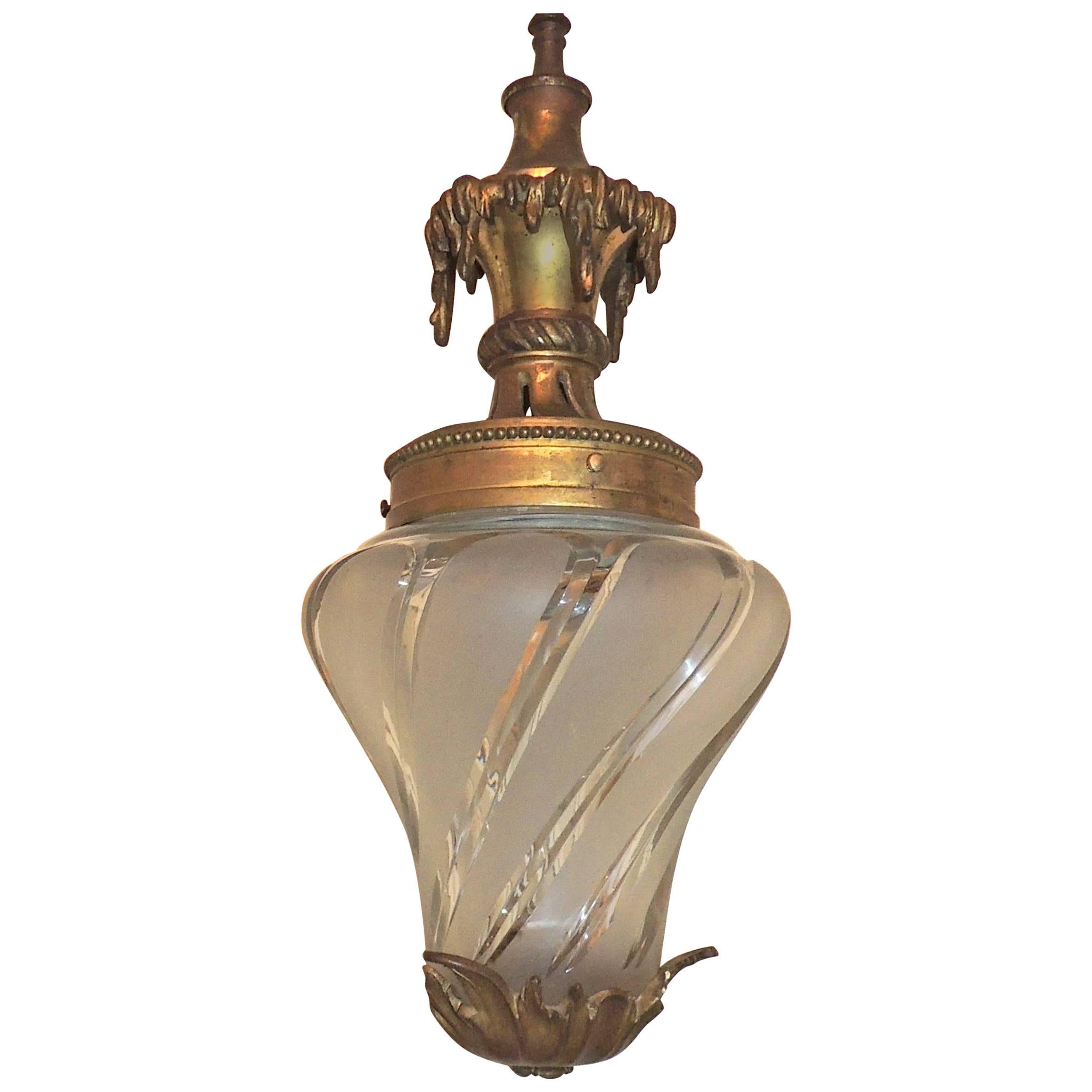 Wonderful French Bronze Filigree Frosted Swirl Beveled Glass Lantern Fixture For Sale