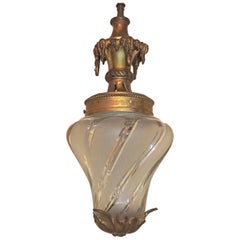 Vintage Wonderful French Bronze Filigree Frosted Swirl Beveled Glass Lantern Fixture