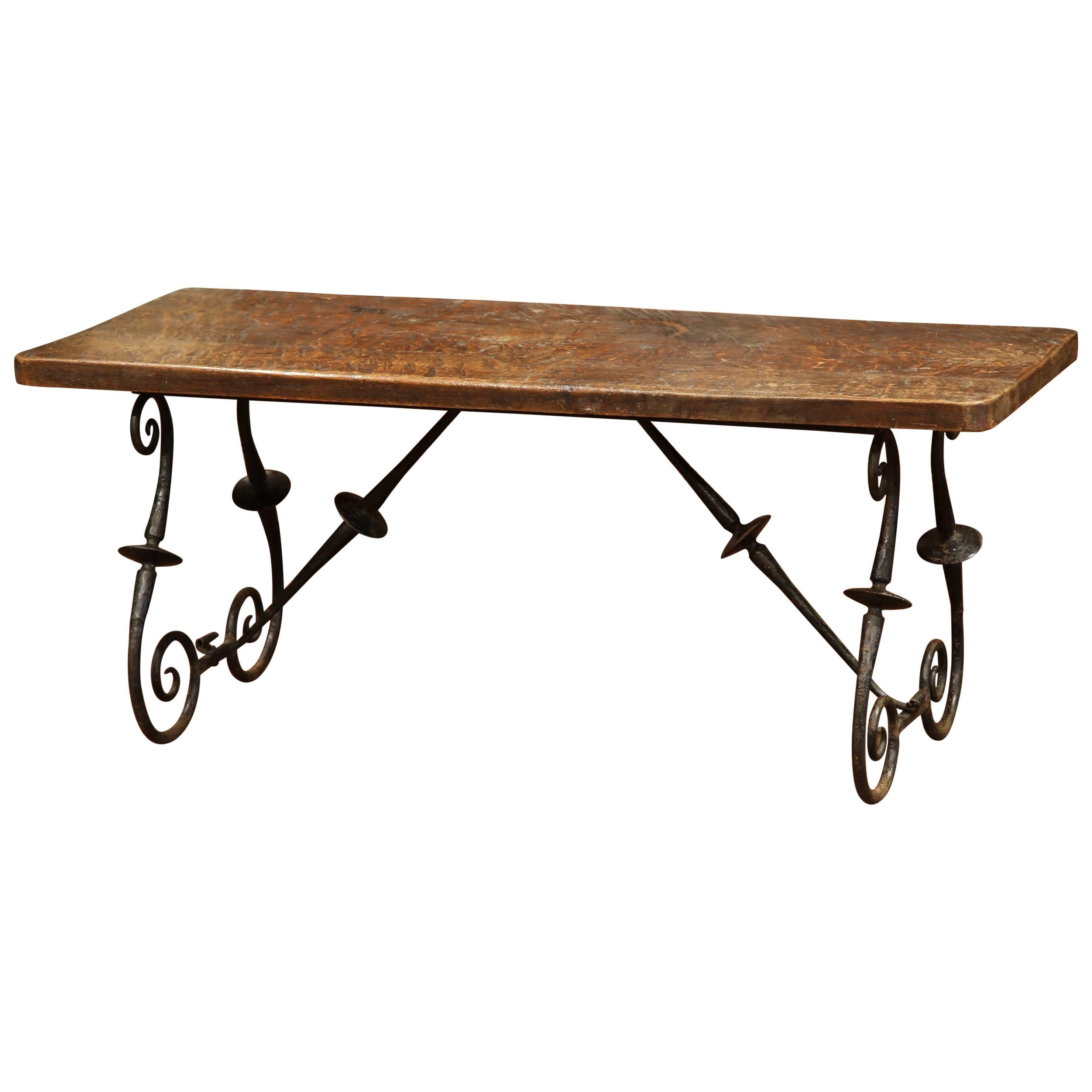 19th Century Spanish Walnut Coffee Table with Iron Legs and Stretcher