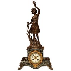 Antique 19th Century French Spelter and Marble Signed Mantel Clock with Porecelain Dial