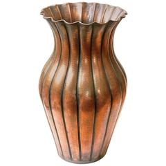 Big Retro Hand-Hammered Copper Flower Vase Signed, 1940-1950