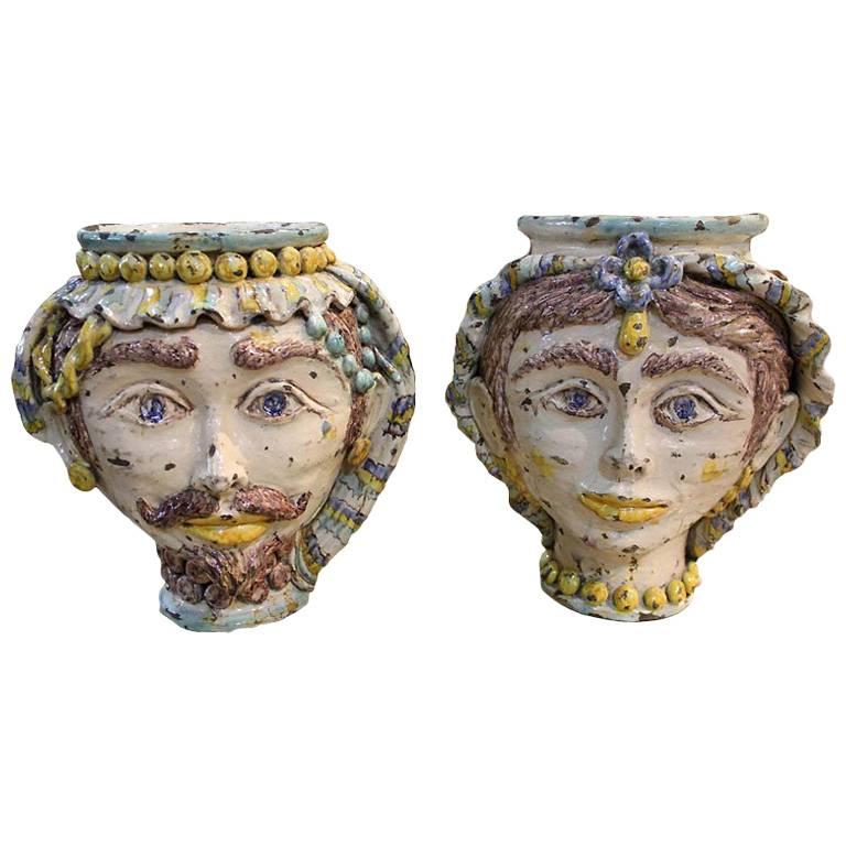 Pair of 19th Century Sicilian Majolica Rusticated Jardinieres For Sale