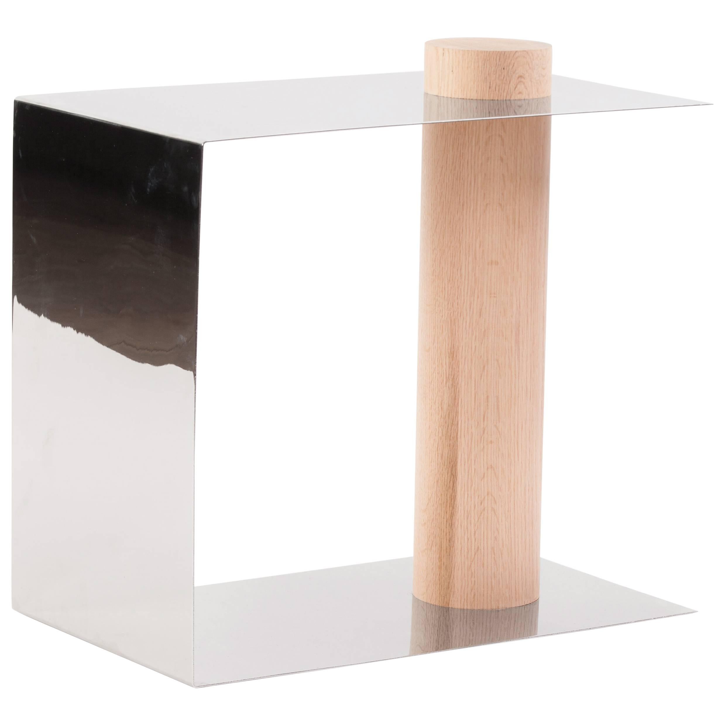 PURU Side Table in Polished Stainless Steel & White Oak by Estudio Persona