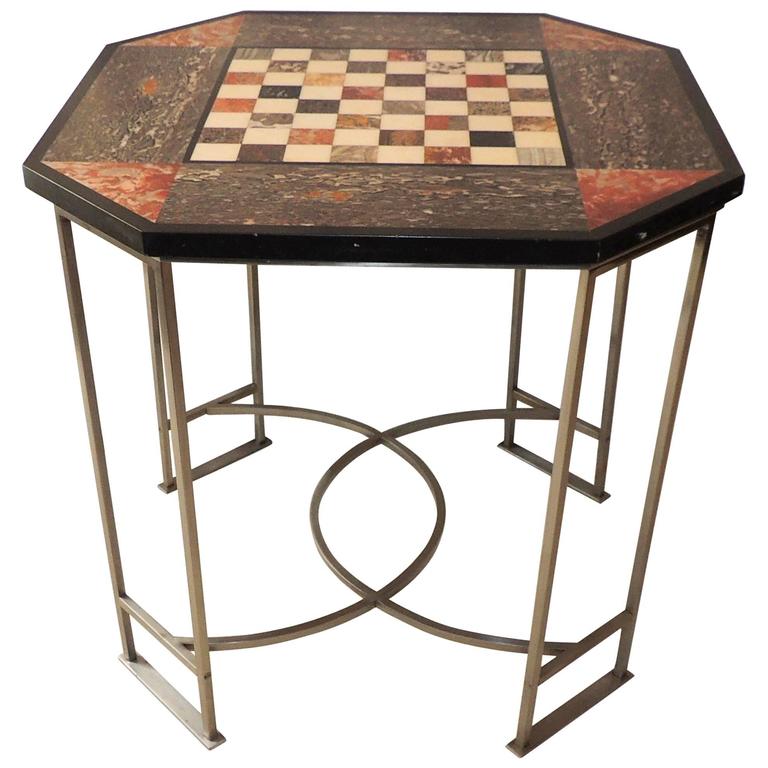 Wonderful Marble Inset Mosaic Top Chess Game Table Brushed Silvered Square Base at 1stdibs
