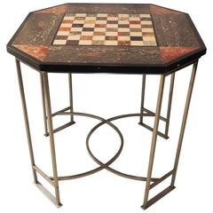 Wonderful Marble Inset Mosaic Top Chess Game Table Brushed Silvered Square Base