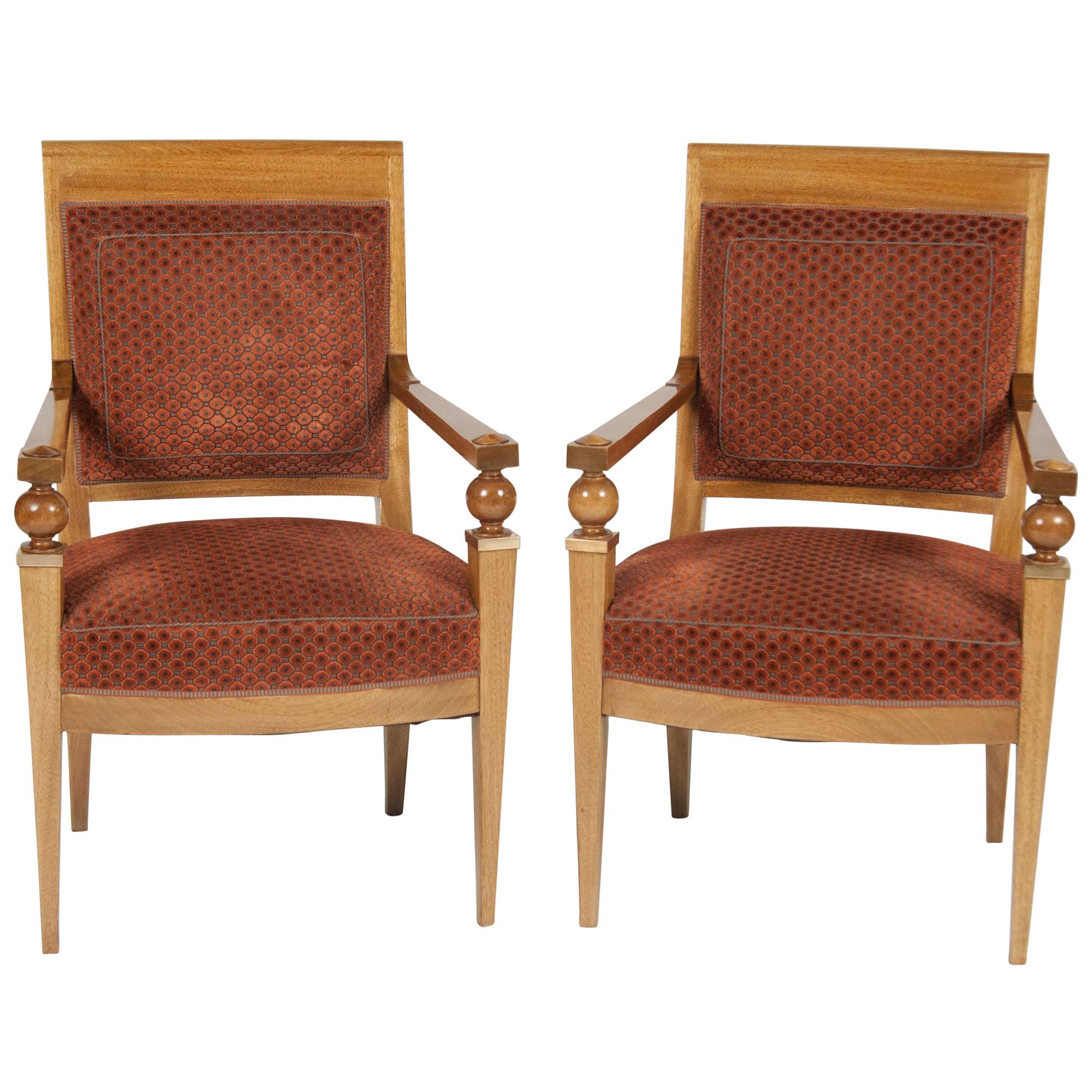 Pair of French Walnut Fauteuil with Bronze Mounts in the Manner of Arbus