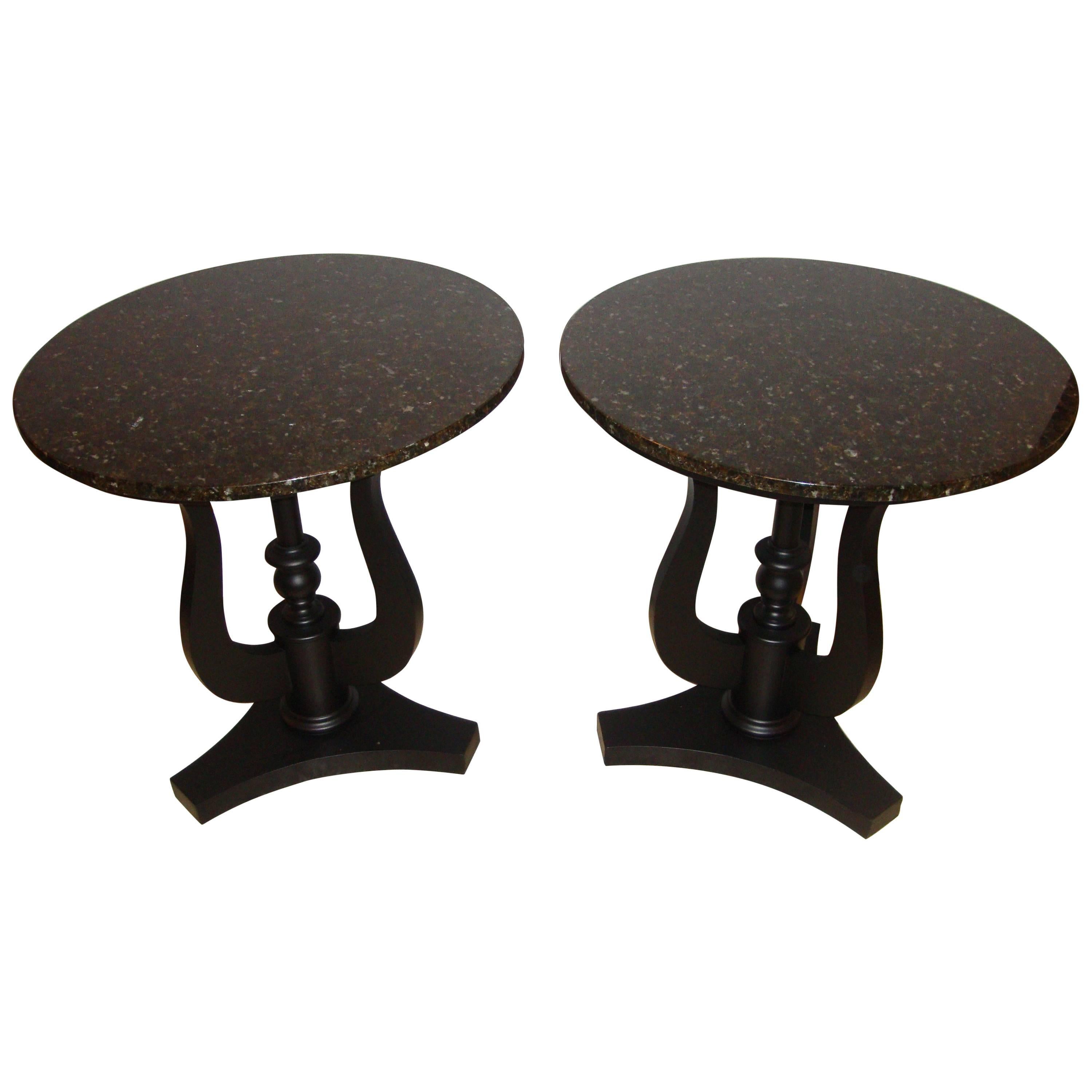 Pair of Art Deco Ebony Based End Tables with Black Marble Tops