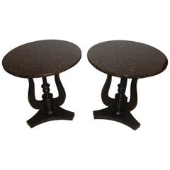 Pair of Art Deco Ebony Based End Tables with Black Marble Tops