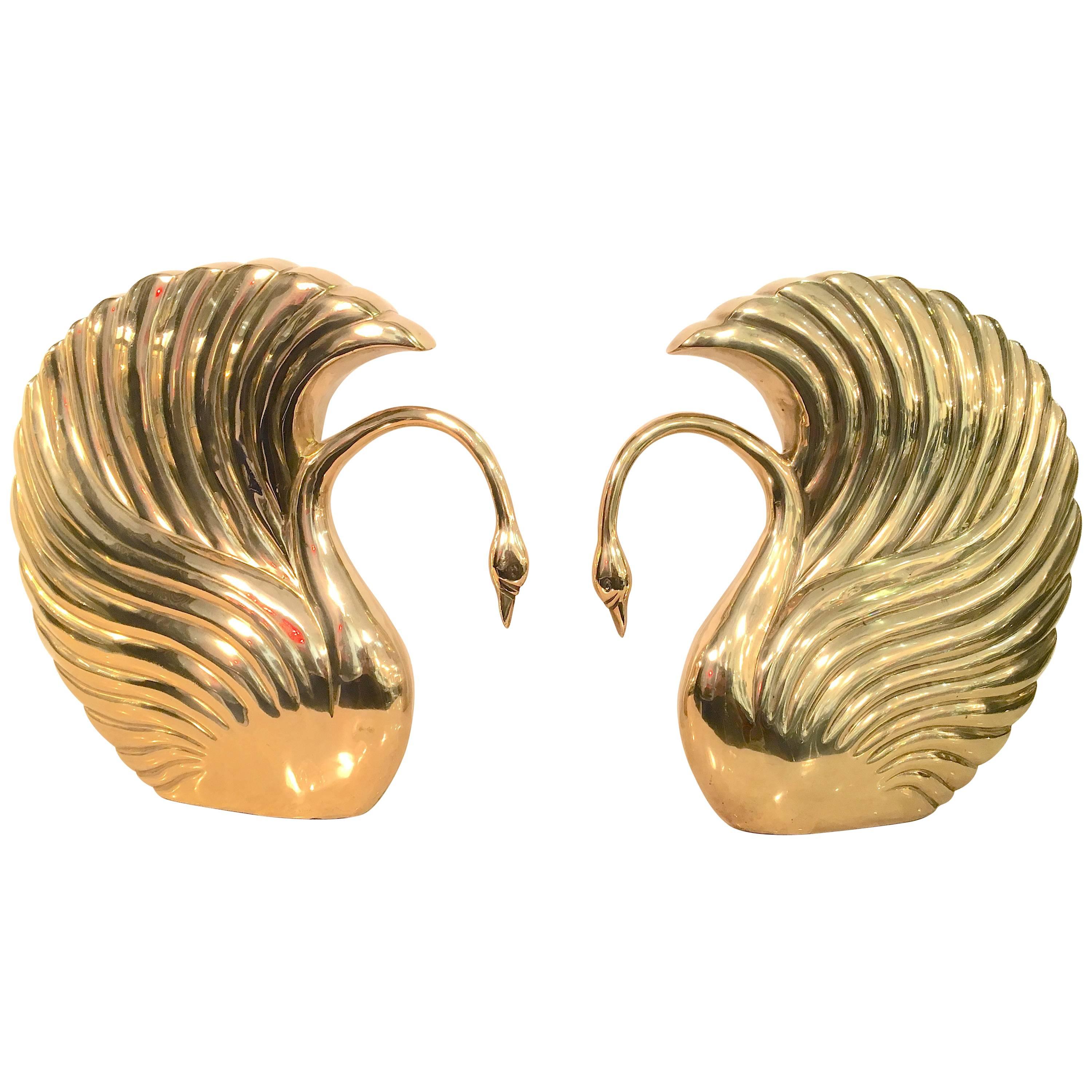 Pair of Grand Scale Art Deco Revival Brass Swans by Dolbi Cashier For Sale