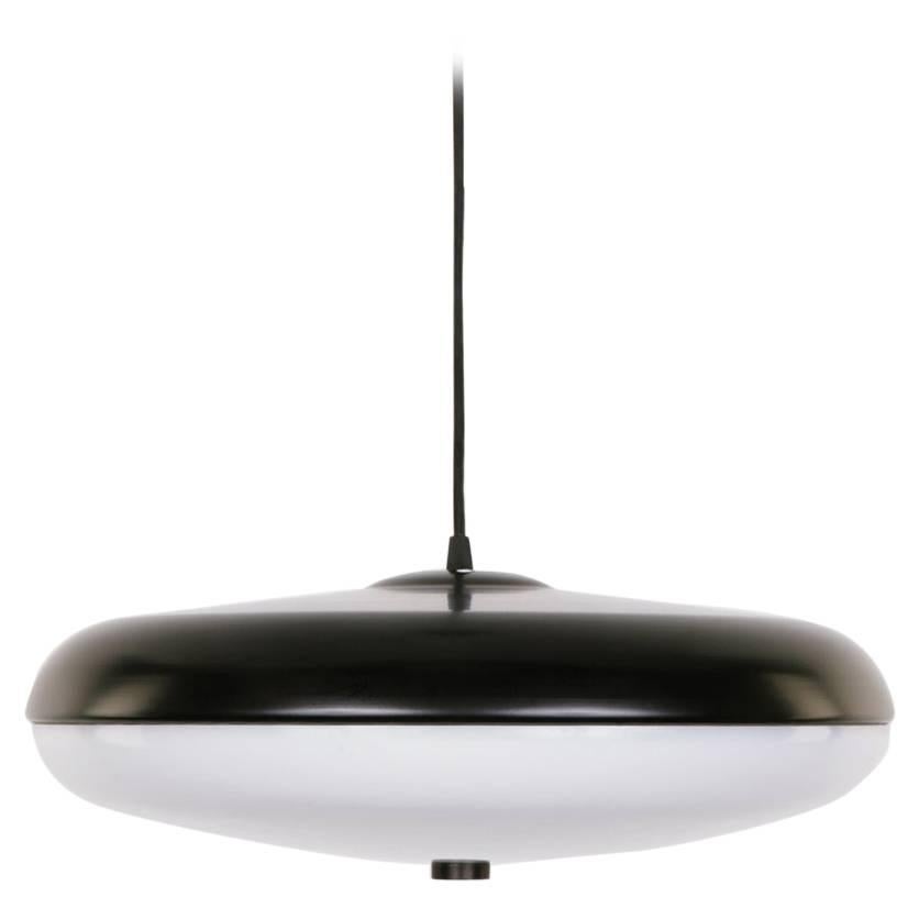 Phare Pendant In Powder Coated Black Spun Aluminum With A White Lucite Shade