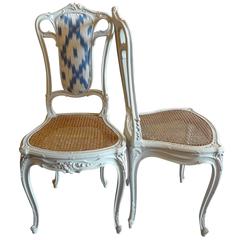 Antique Pair of French 19th Century Louis XVI Wood Painted Cane and Fabric Chairs