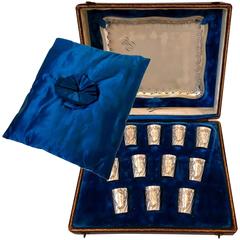 Antique Rare French Sterling Silver 18-Karat Gold Liquor Cups with Original Tray and Box