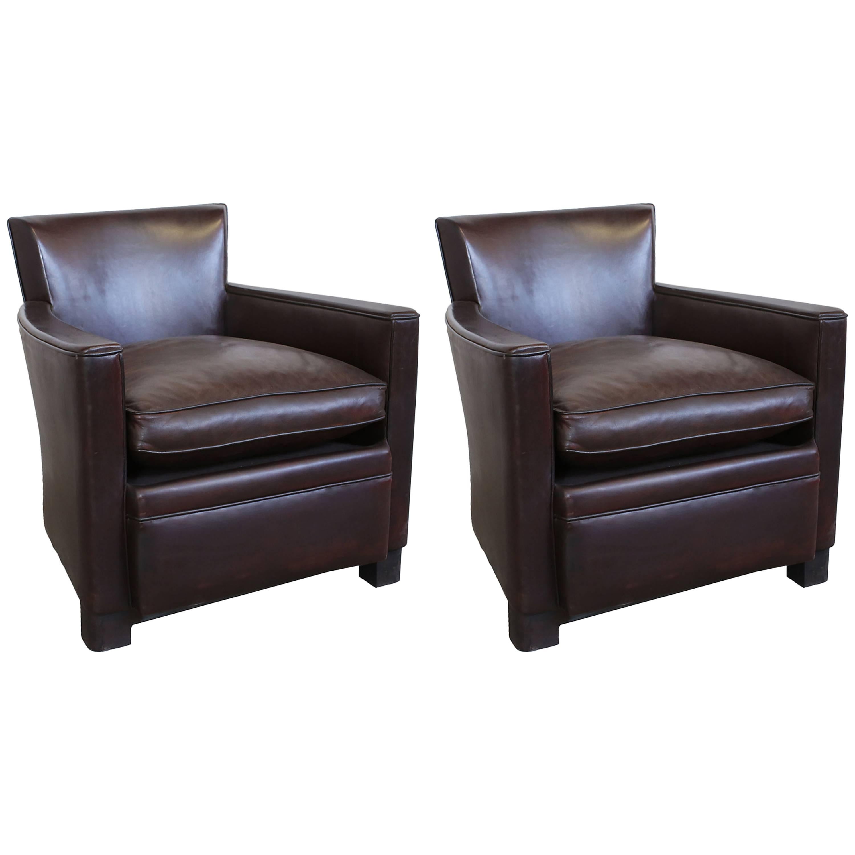 Pair of French Art Deco Leather Club Chairs, circa 1930s