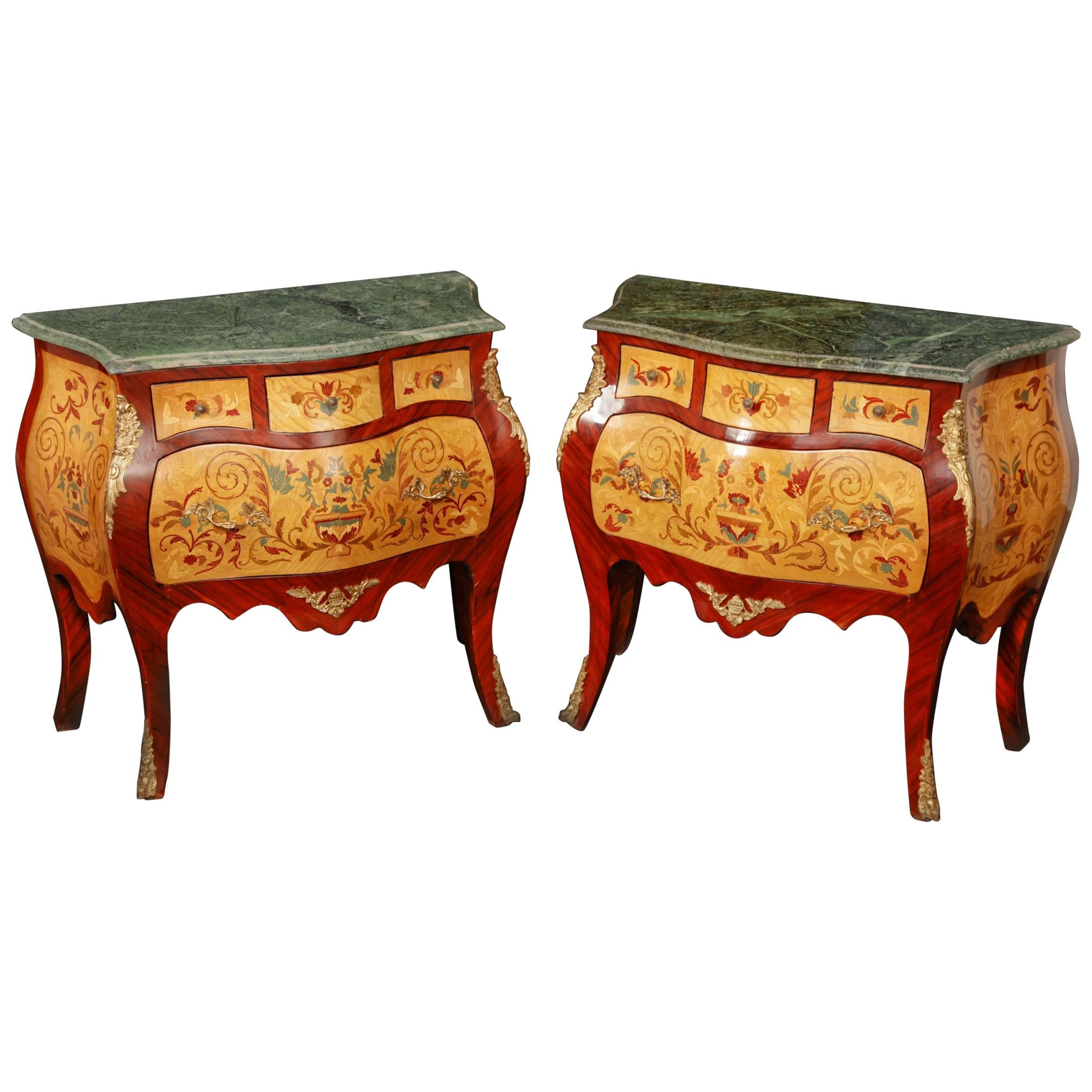 Pair Italian Rococo Style Bombe Commodes Chest Drawers For Sale