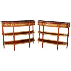 Pair of French Empire Style Console Tables Hall Marble-Top Tiered